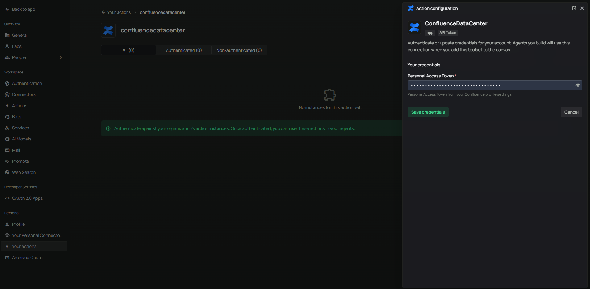 Your actions — enter your Personal Access Token