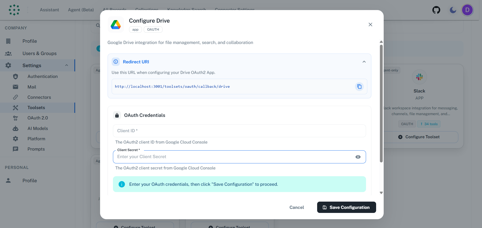 Copy Redirect URI from PipesHub