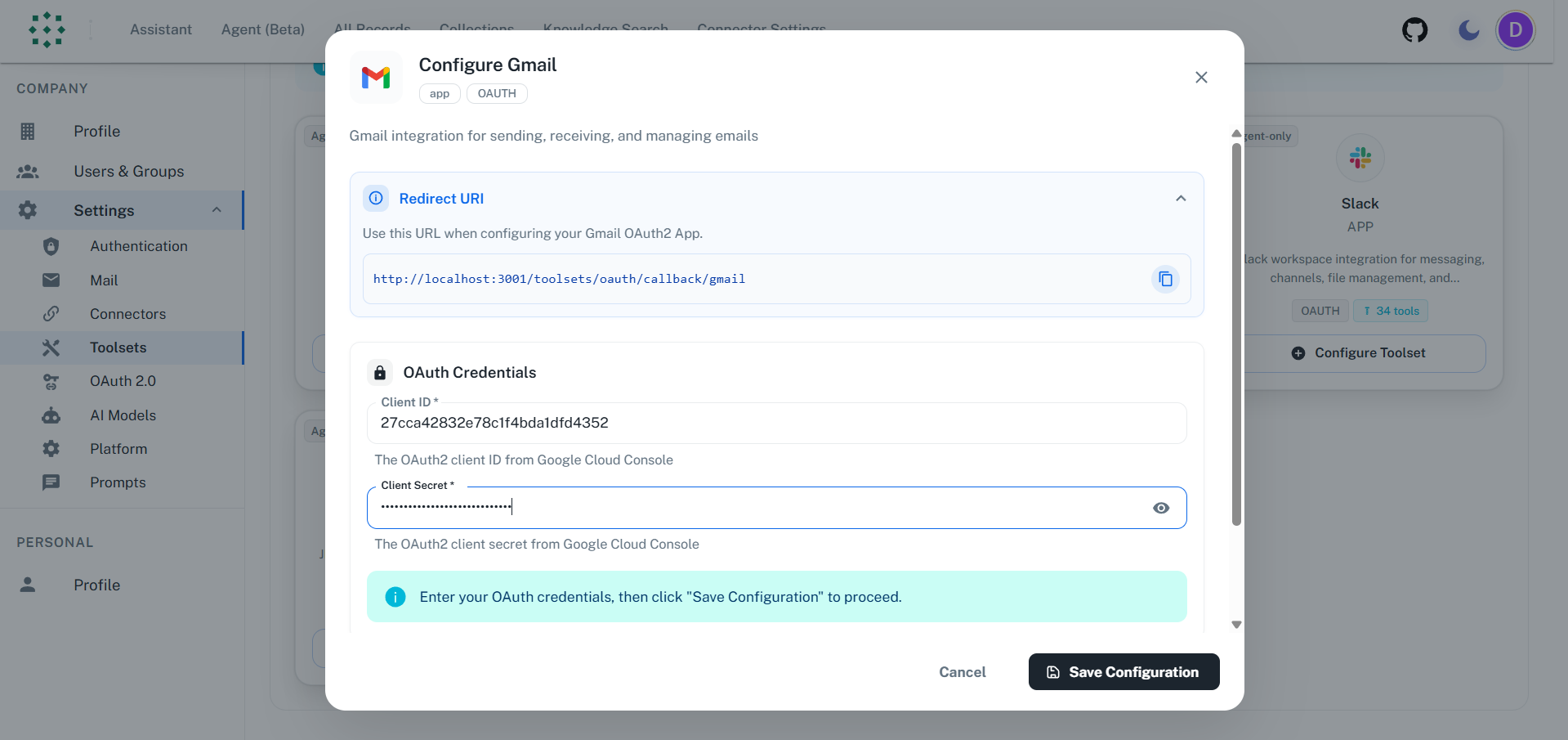 Enter Credentials in PipesHub