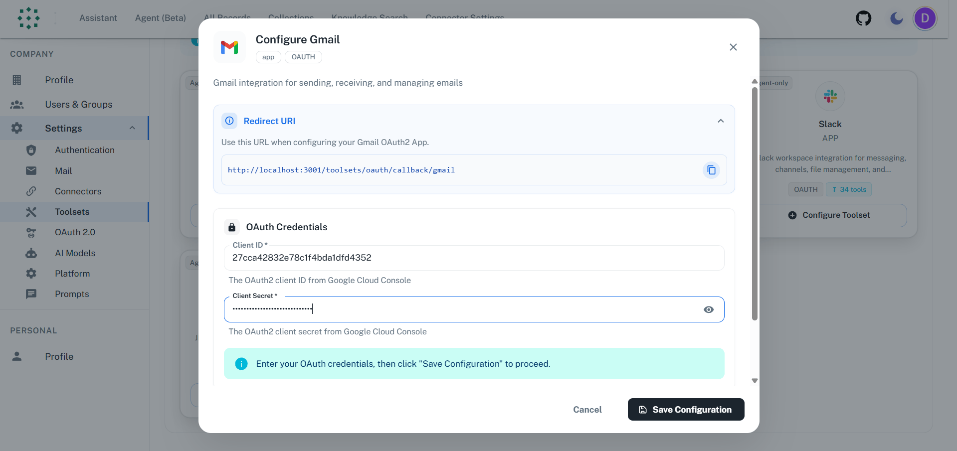 Enter Credentials in PipesHub