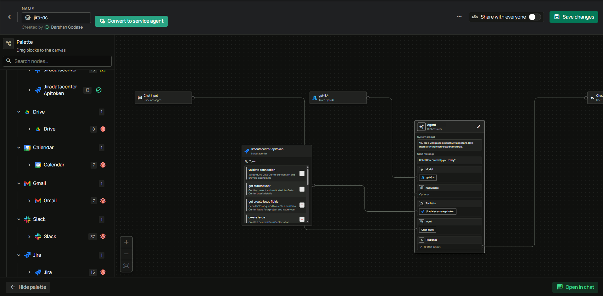 Agent builder with the Jira Data Center toolset connected
