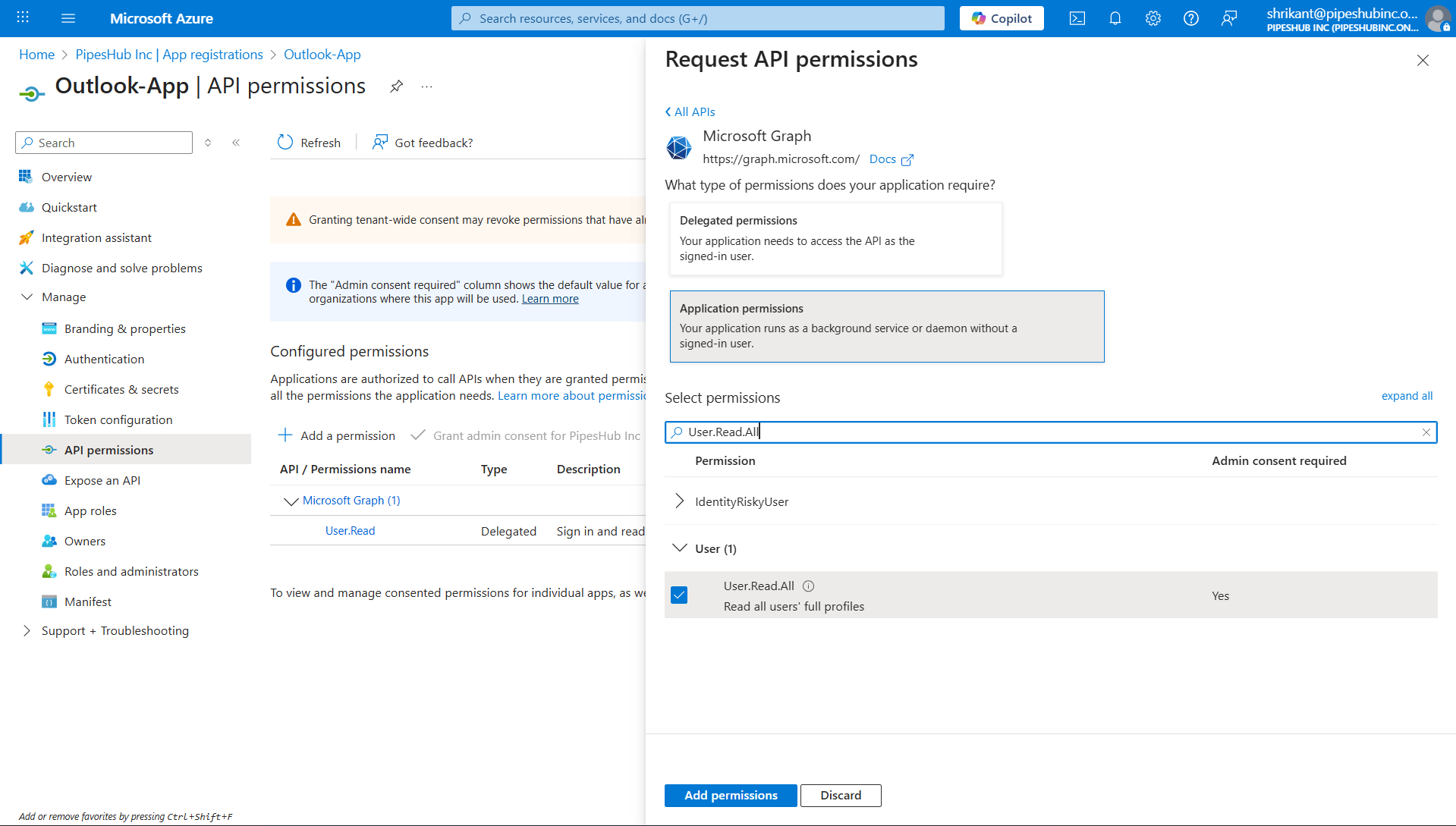 Azure — Microsoft Graph application permissions