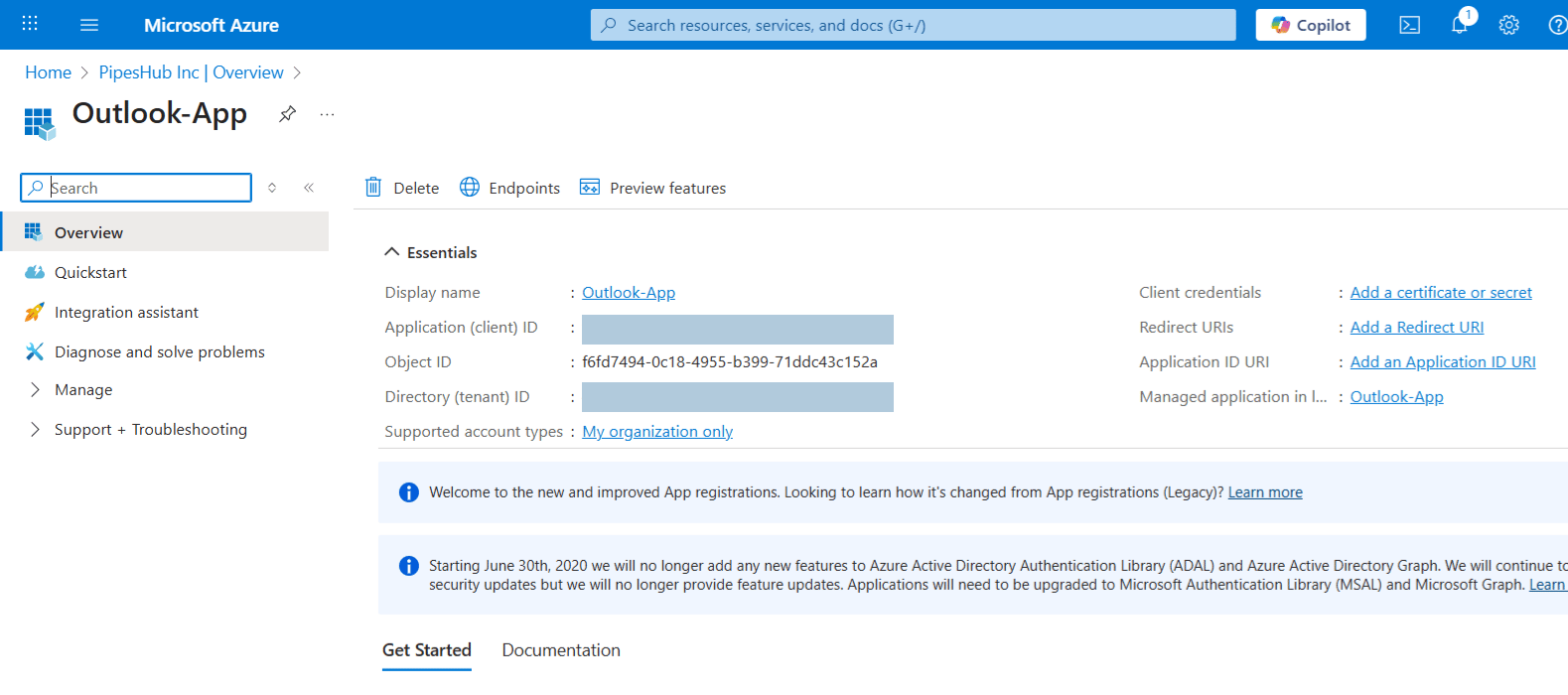 Azure app registration Overview with client and tenant IDs