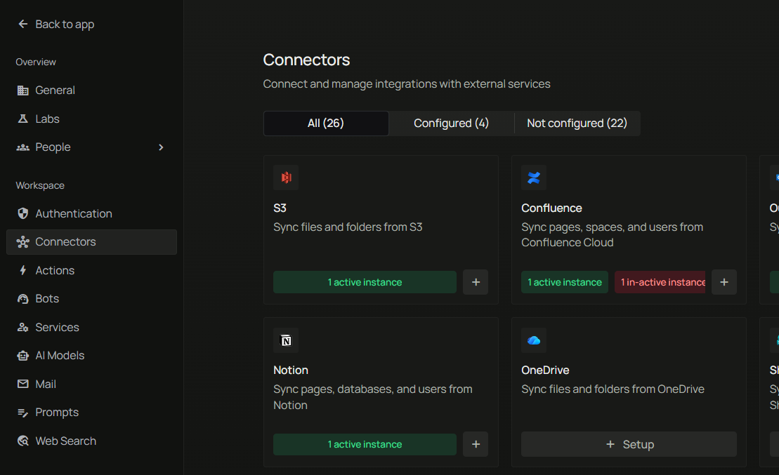 Workspace Connectors page with Outlook