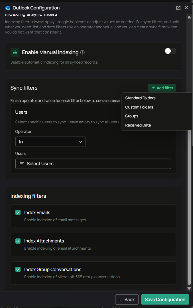 Outlook Configuration — indexing and sync filters