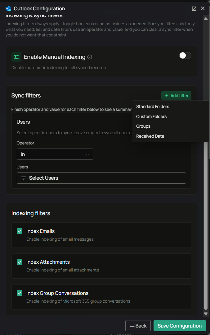 Outlook Configuration — indexing and sync filters