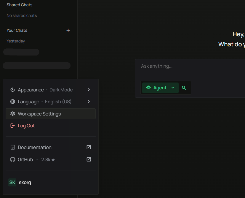 User profile menu with Workspace Settings