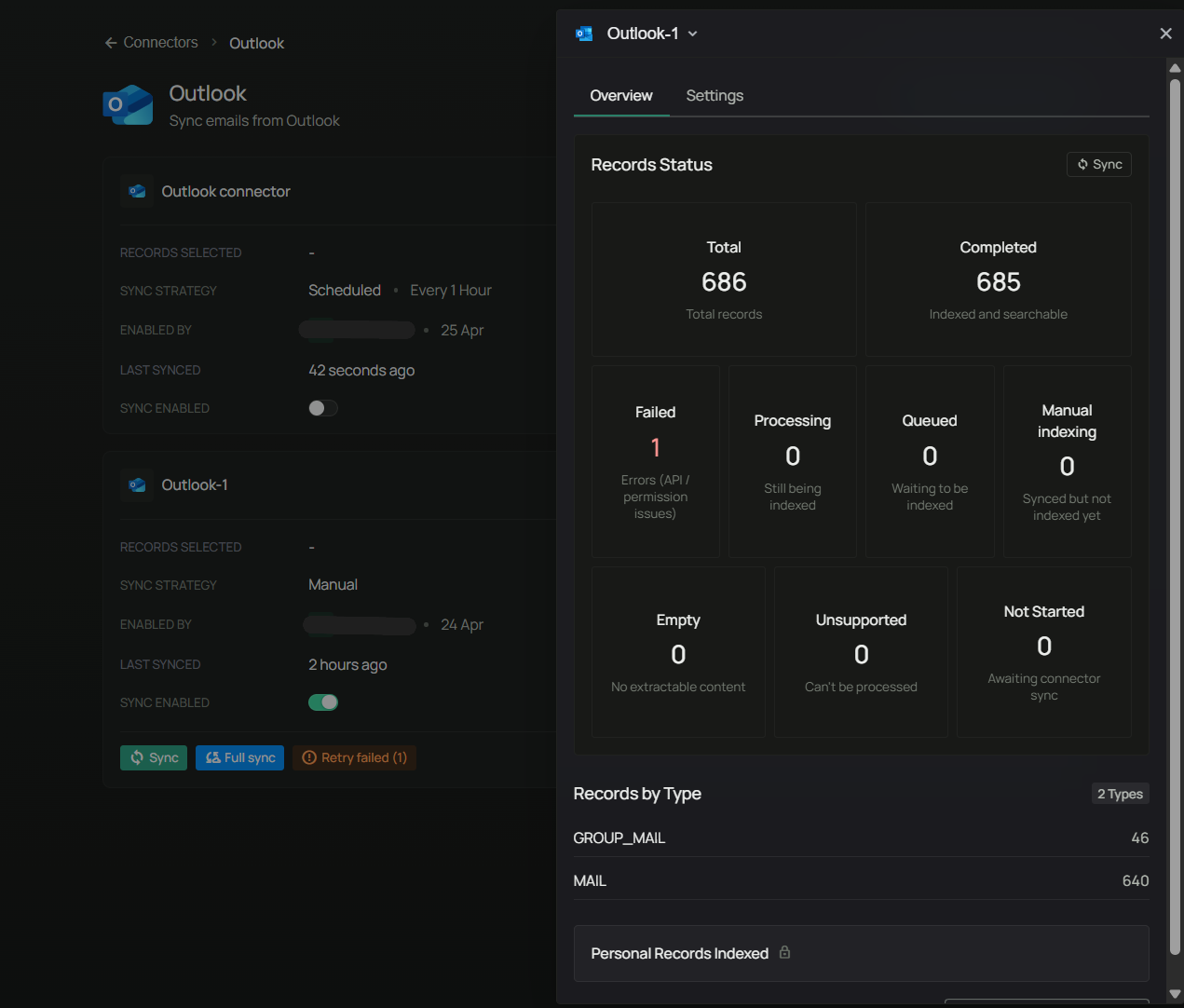 Outlook connector instances and Overview stats
