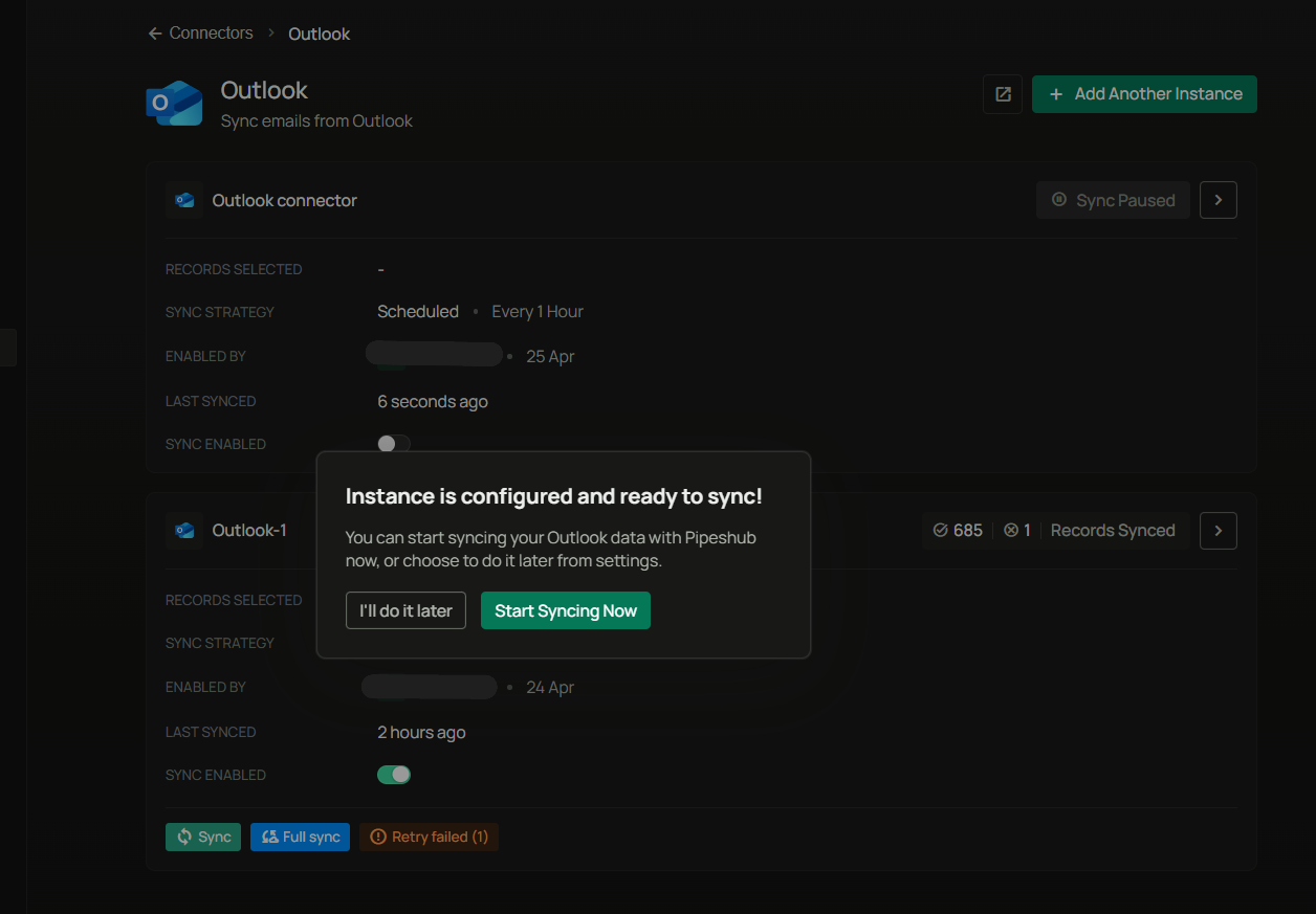 Instance ready to sync confirmation dialog