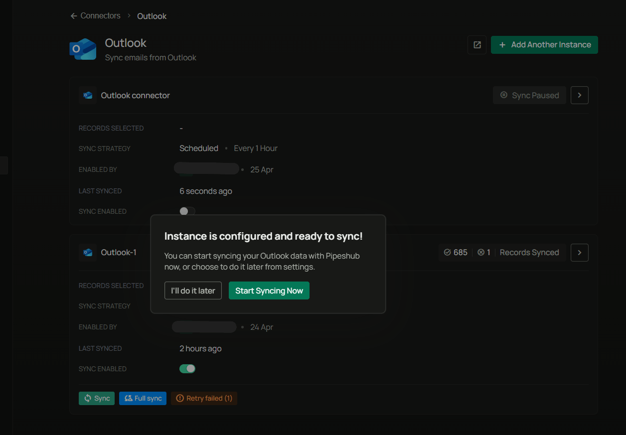 Instance ready to sync confirmation dialog