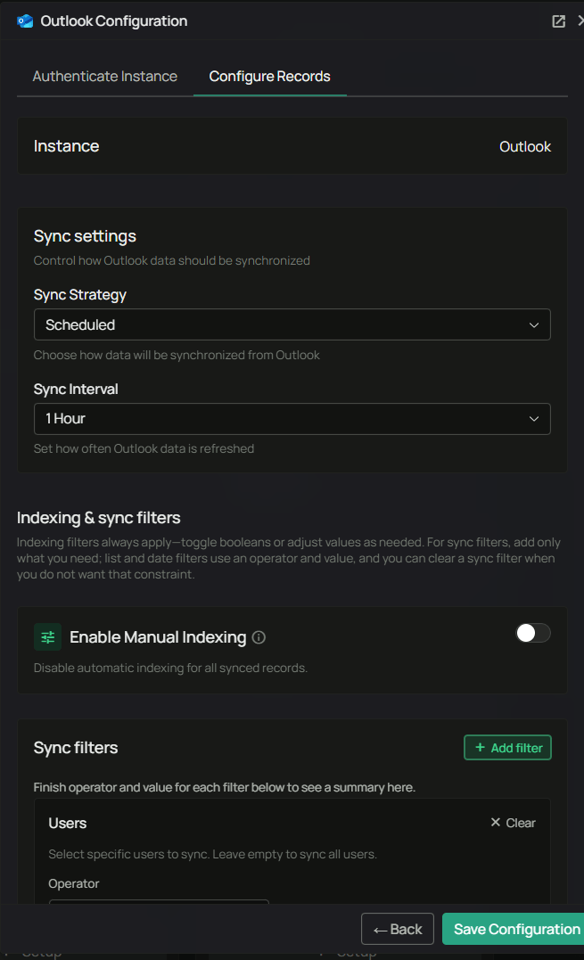 Outlook Configuration — Configure Records, sync strategy