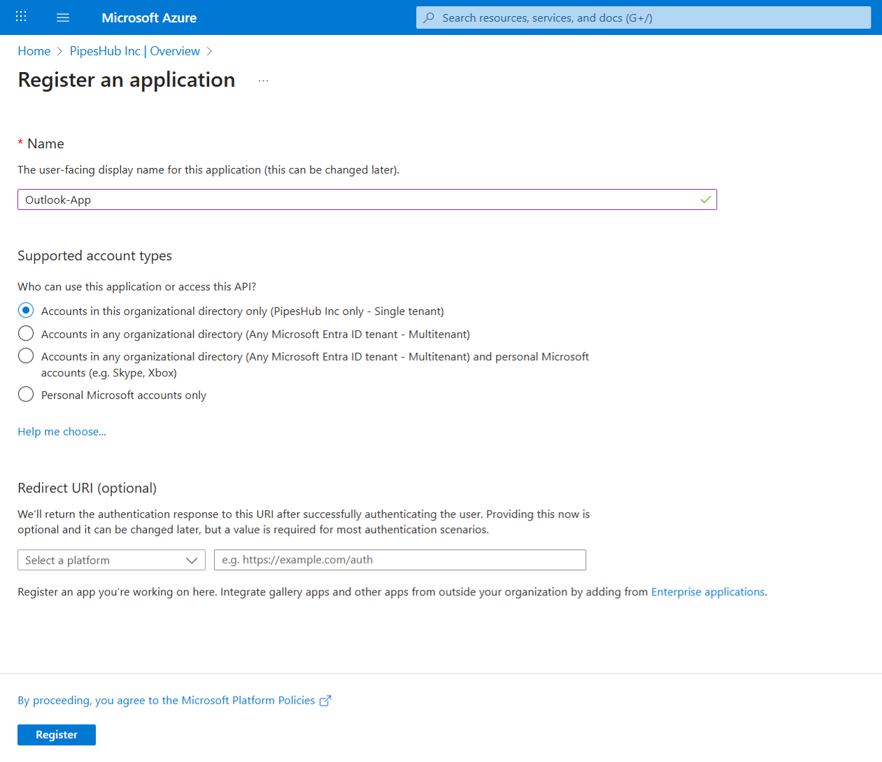 Azure — completed app registration