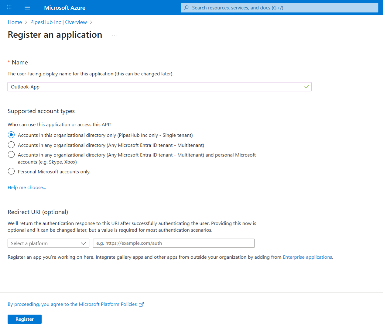 Azure — completed app registration