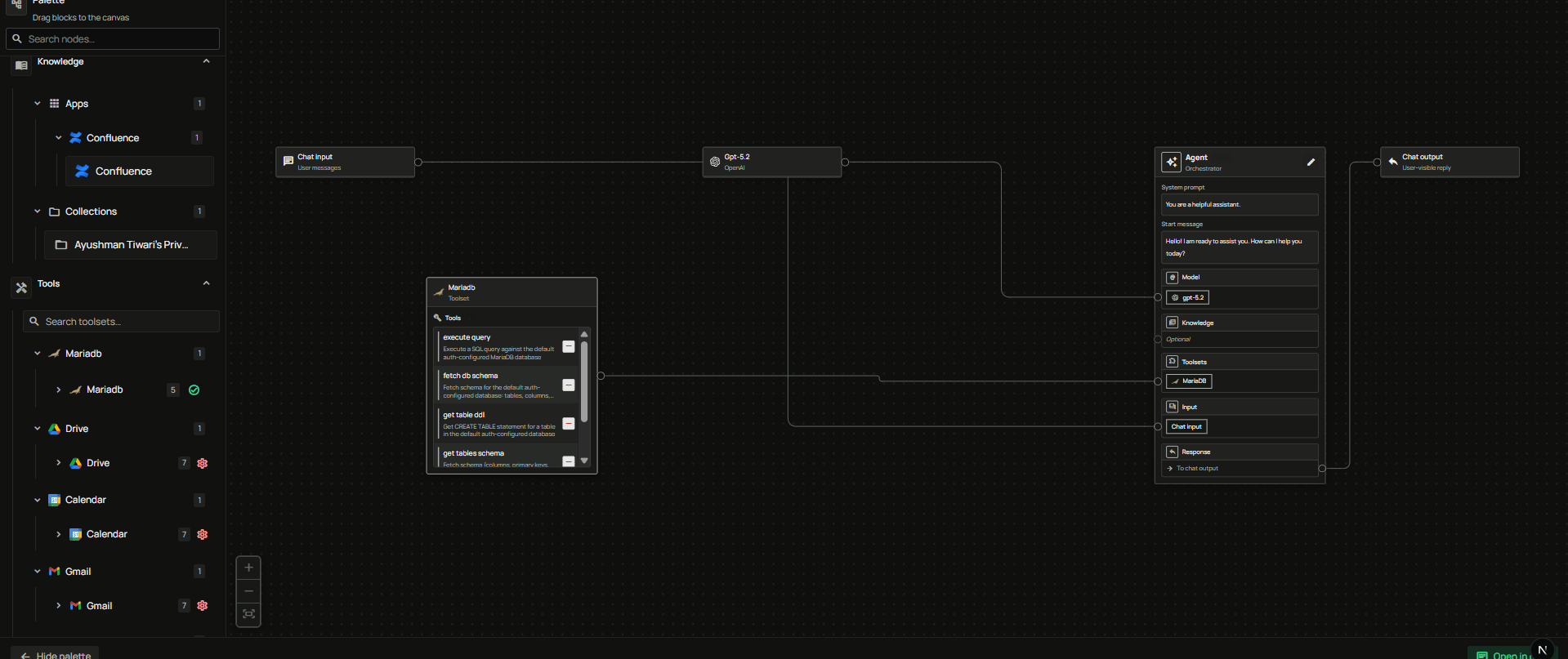 MariaDB toolset connected in Agent Builder