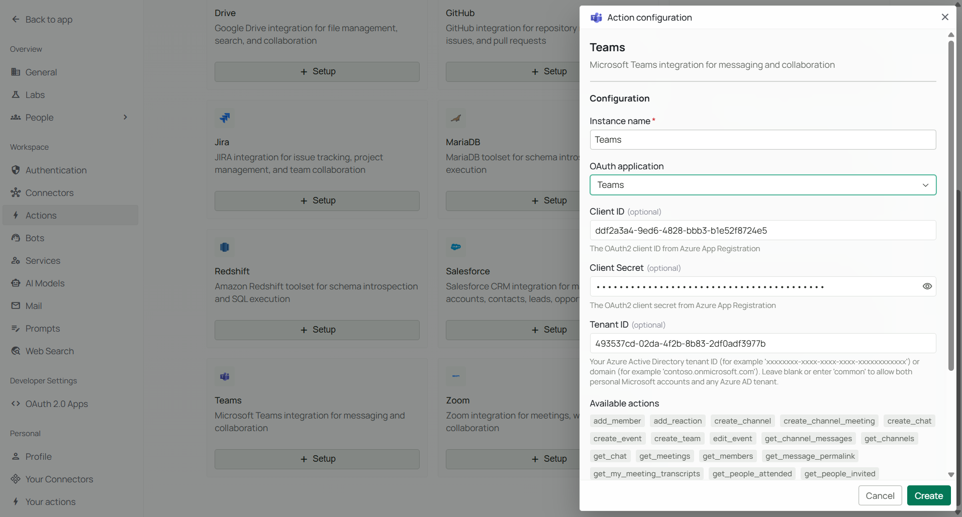 Workspace Actions catalog showing Microsoft Teams with Setup when the organization has no instance yet