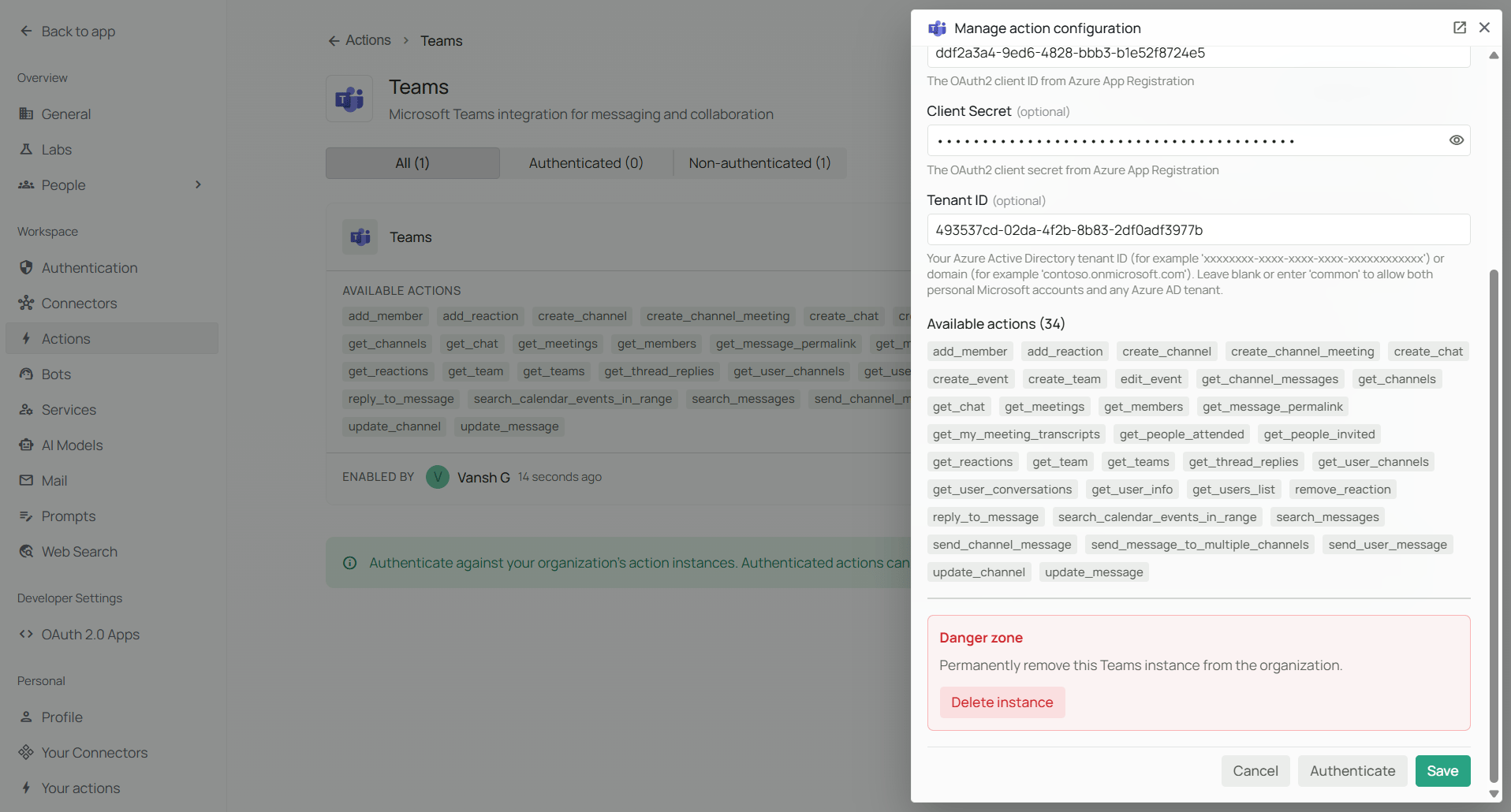 Microsoft Teams action type page with Add instance when the organization already has instances