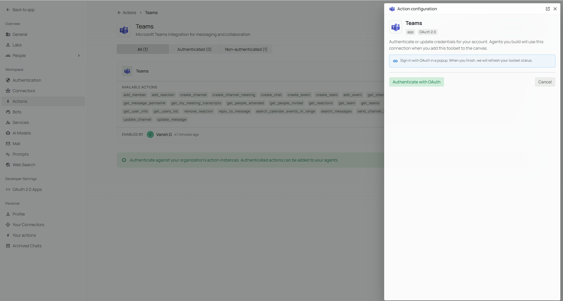 Microsoft account consent for Teams action OAuth