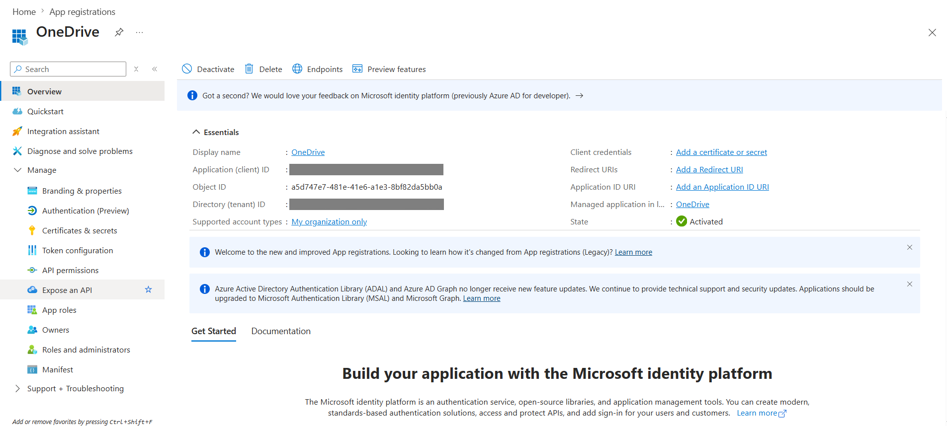 App registration Overview with client and tenant IDs
