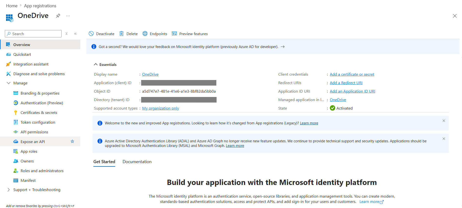 App registration Overview with client and tenant IDs