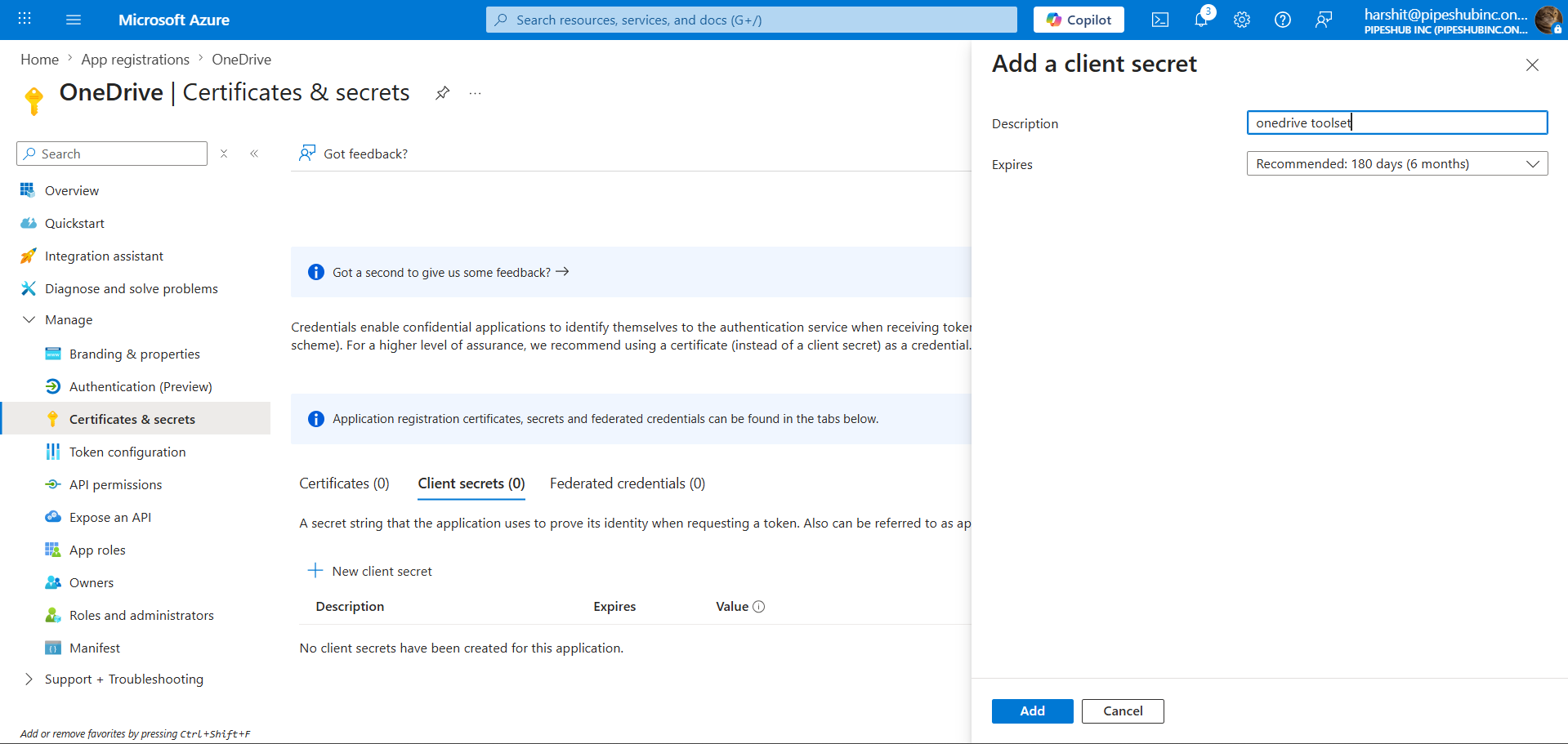 Certificates and secrets with new client secret