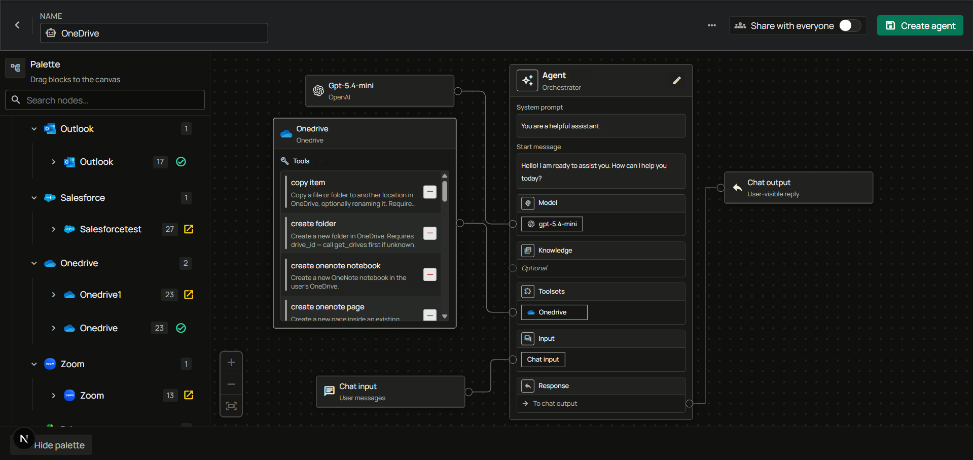 Agent builder with a Microsoft 365 toolset connected