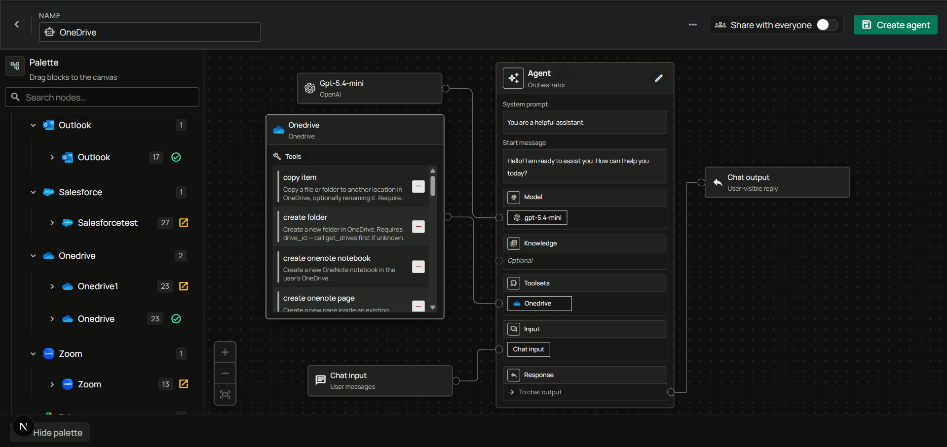 Agent builder with a Microsoft 365 toolset connected
