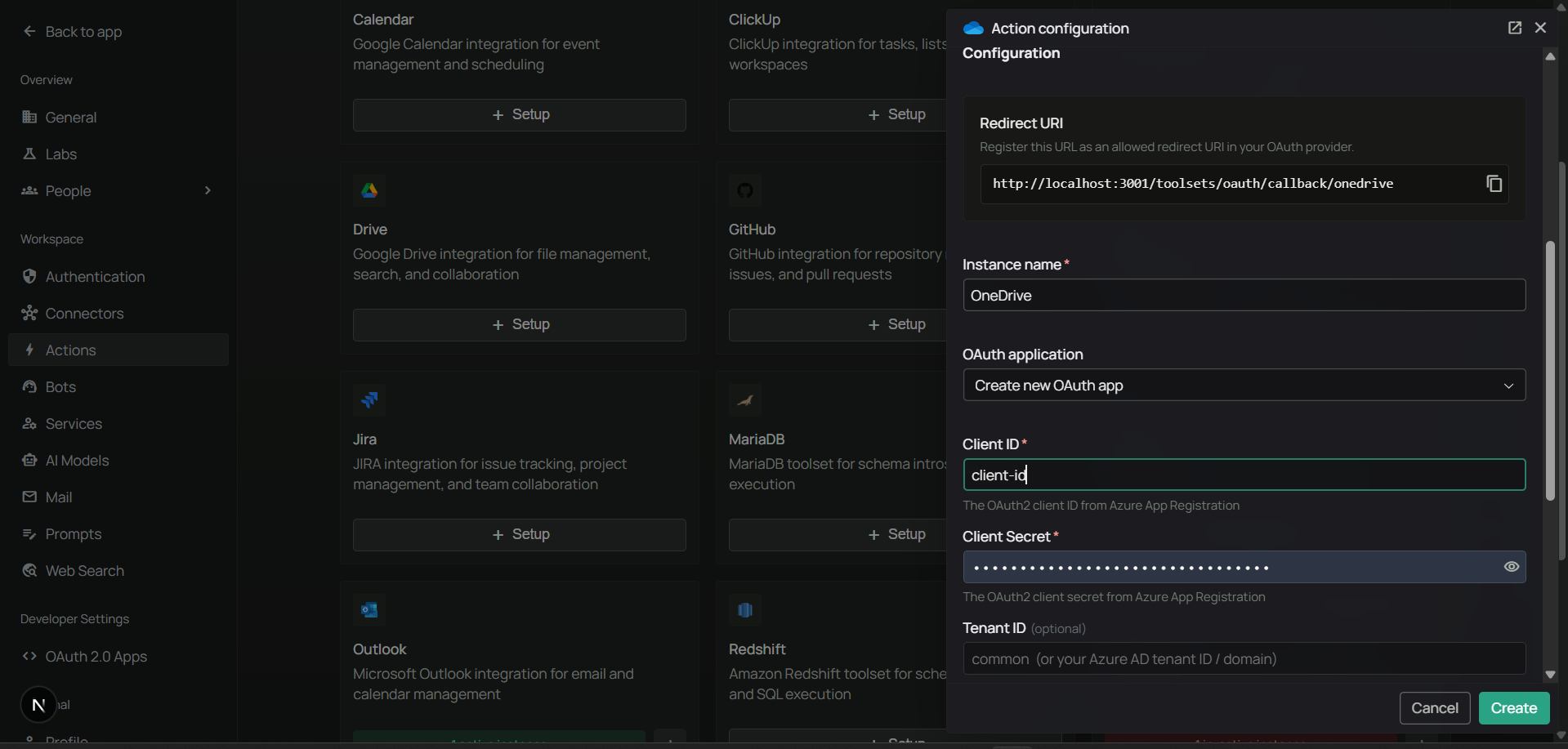 PipesHub Configure OneDrive dialog showing Redirect URI