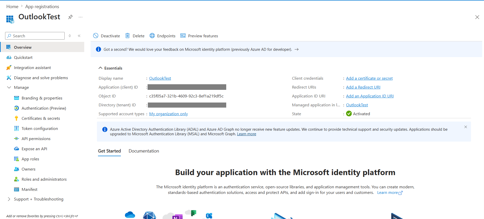 App registration Overview with client and tenant IDs