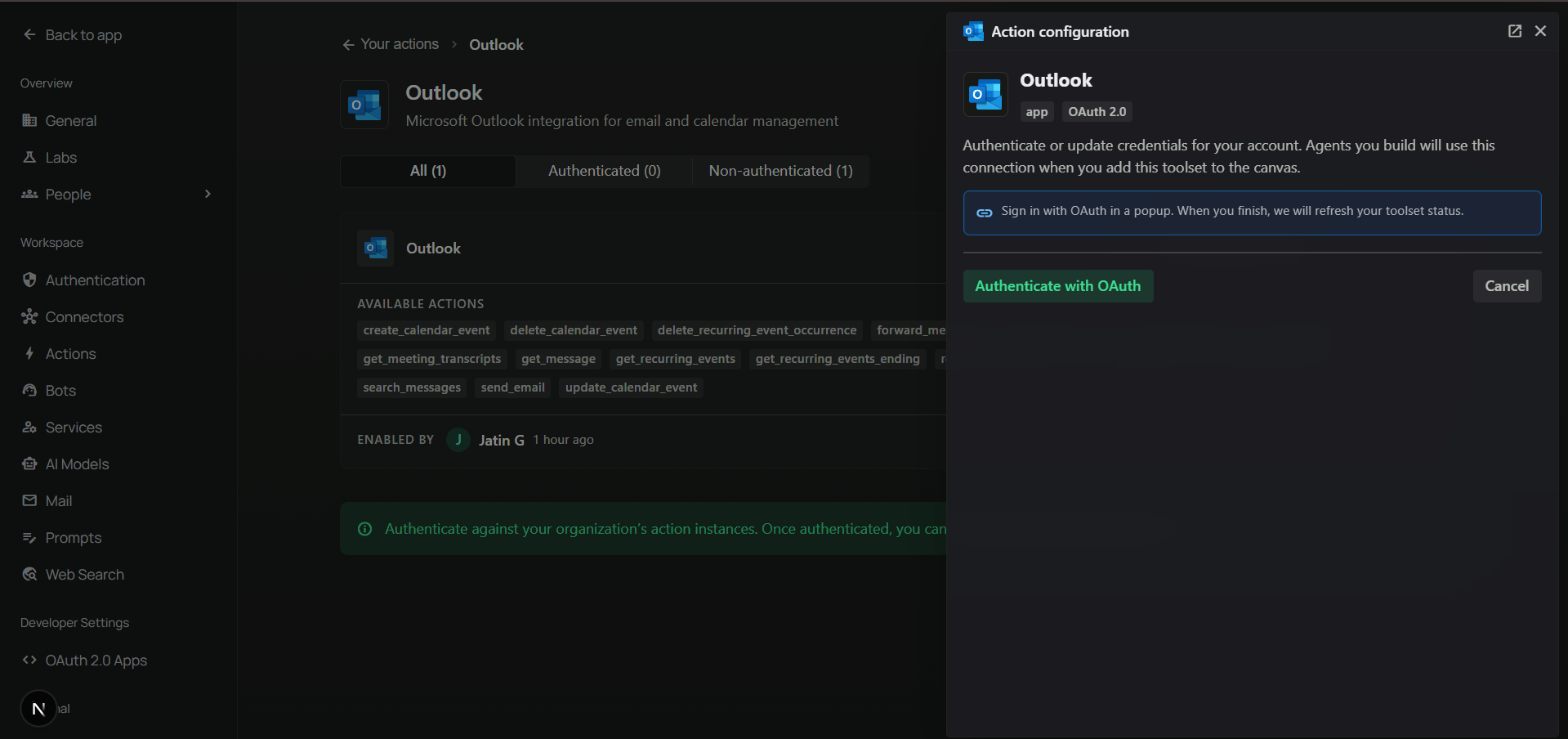 Authenticate Outlook toolset with OAuth