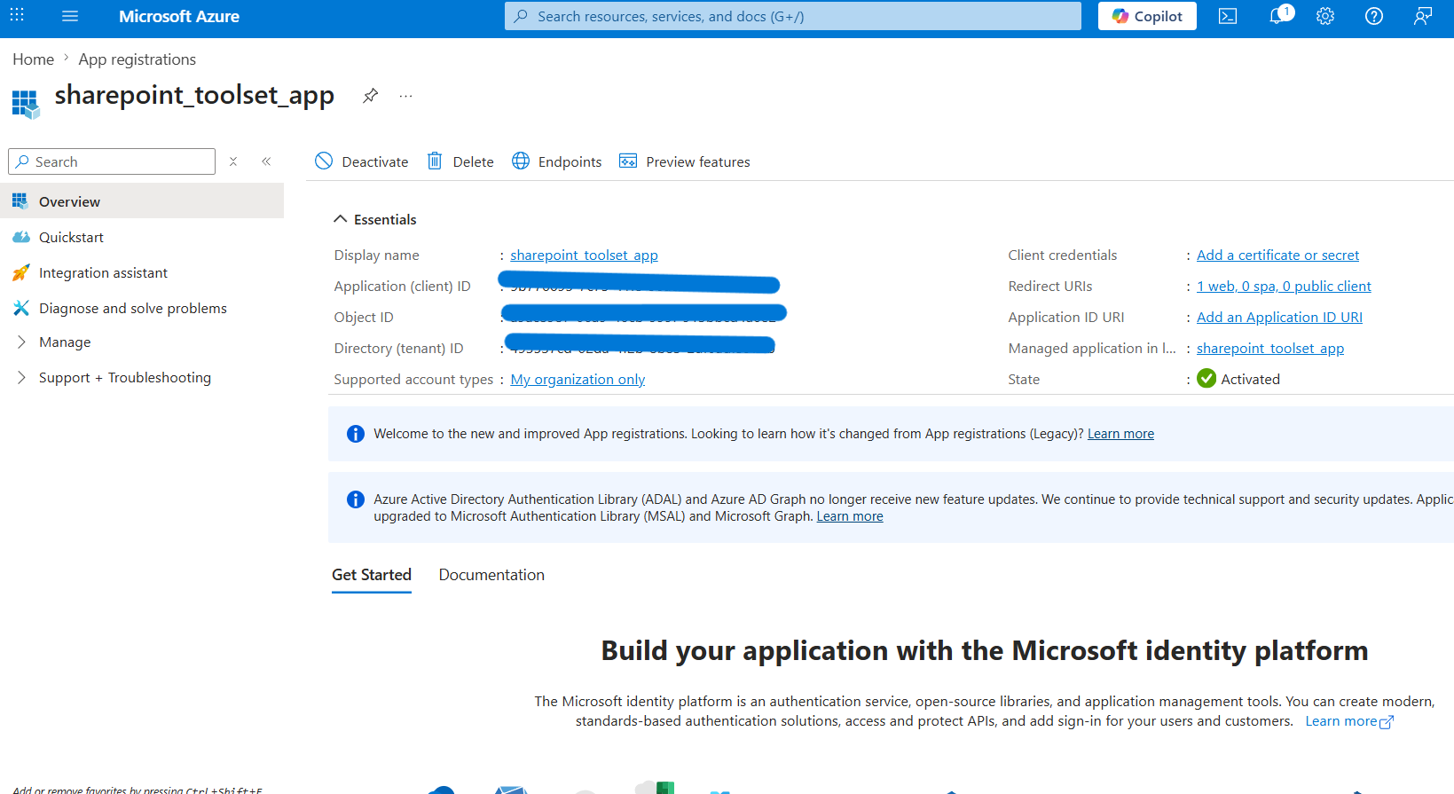 App registration Overview with client and tenant IDs