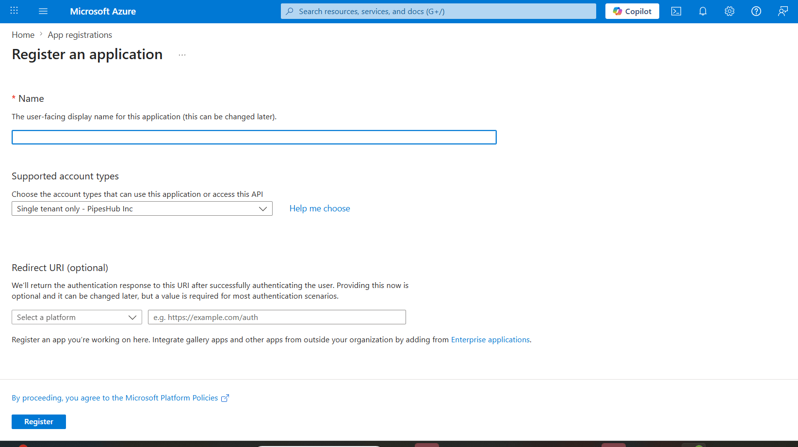 App registrations list with New registration