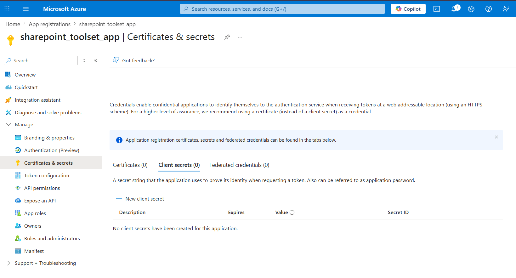Certificates and secrets with new client secret