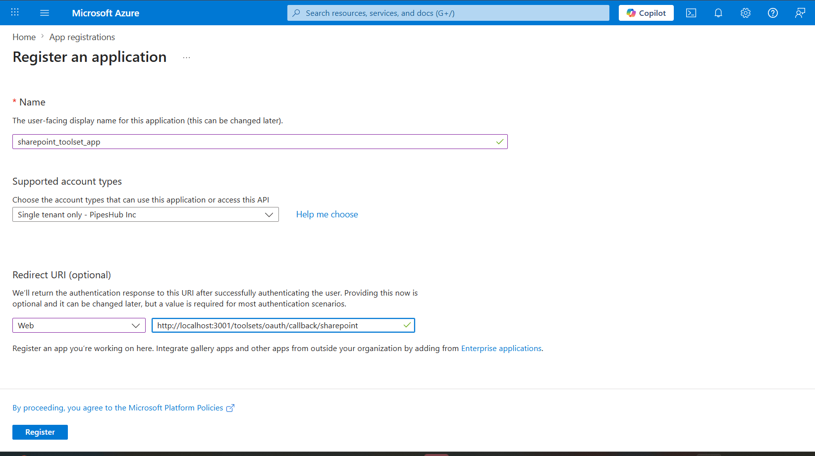 PipesHub Configure SharePoint dialog showing Redirect URI
