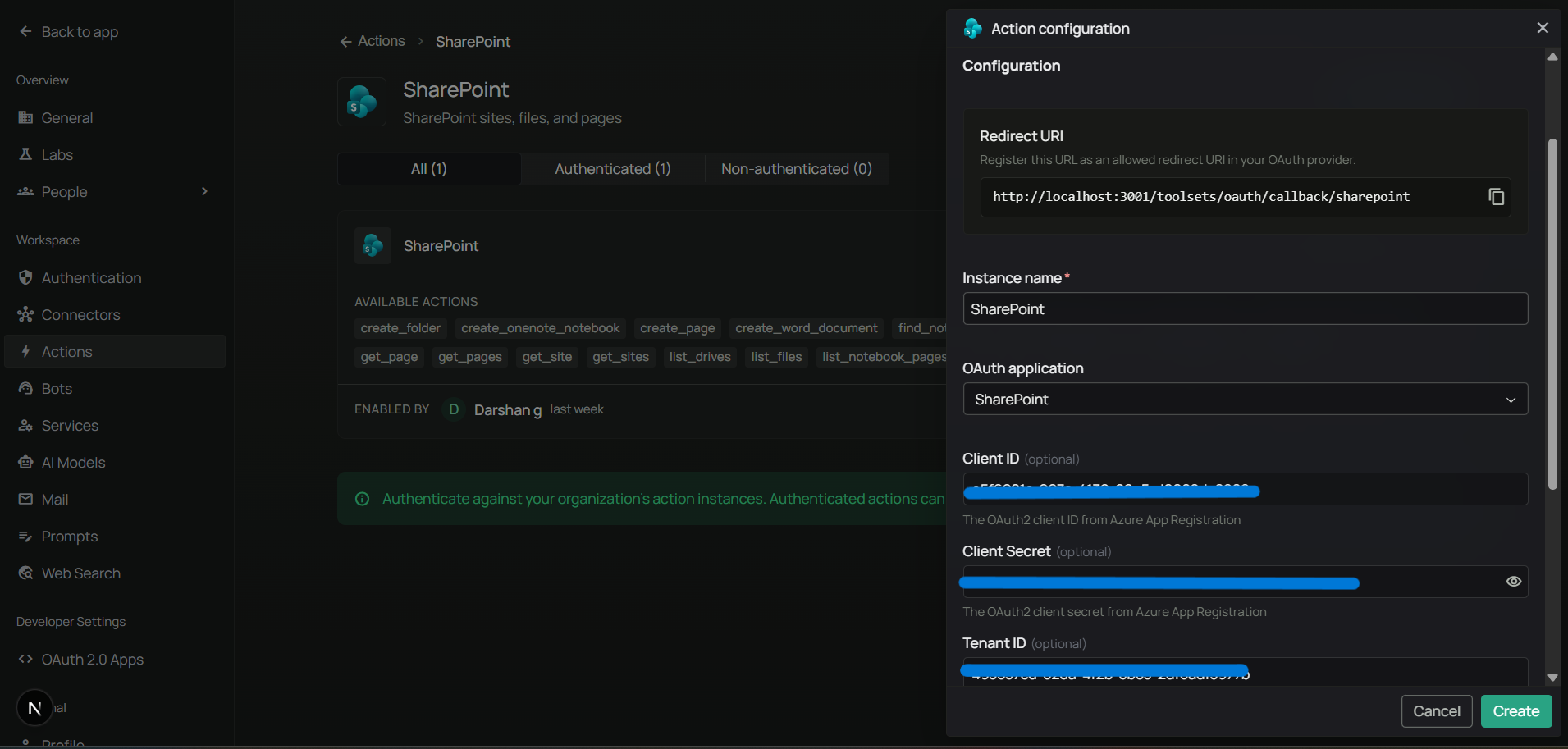 Workspace Actions SharePoint toolset configuration