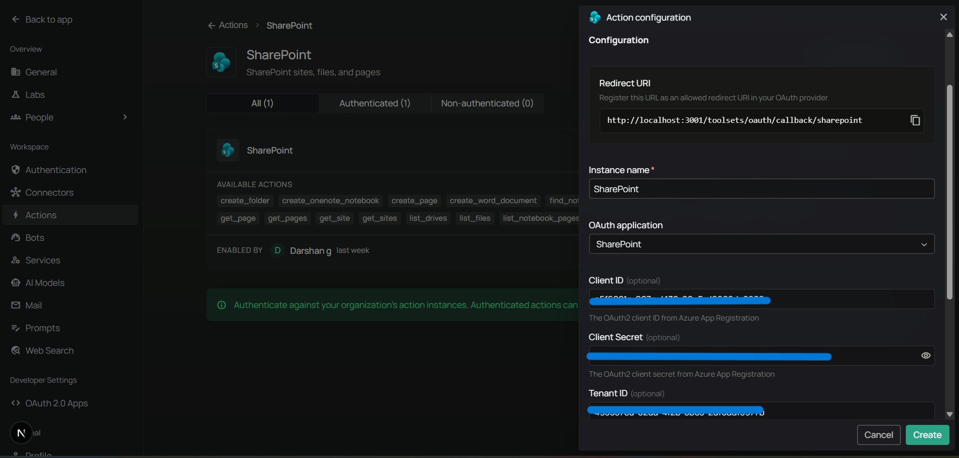 Workspace Actions SharePoint toolset configuration