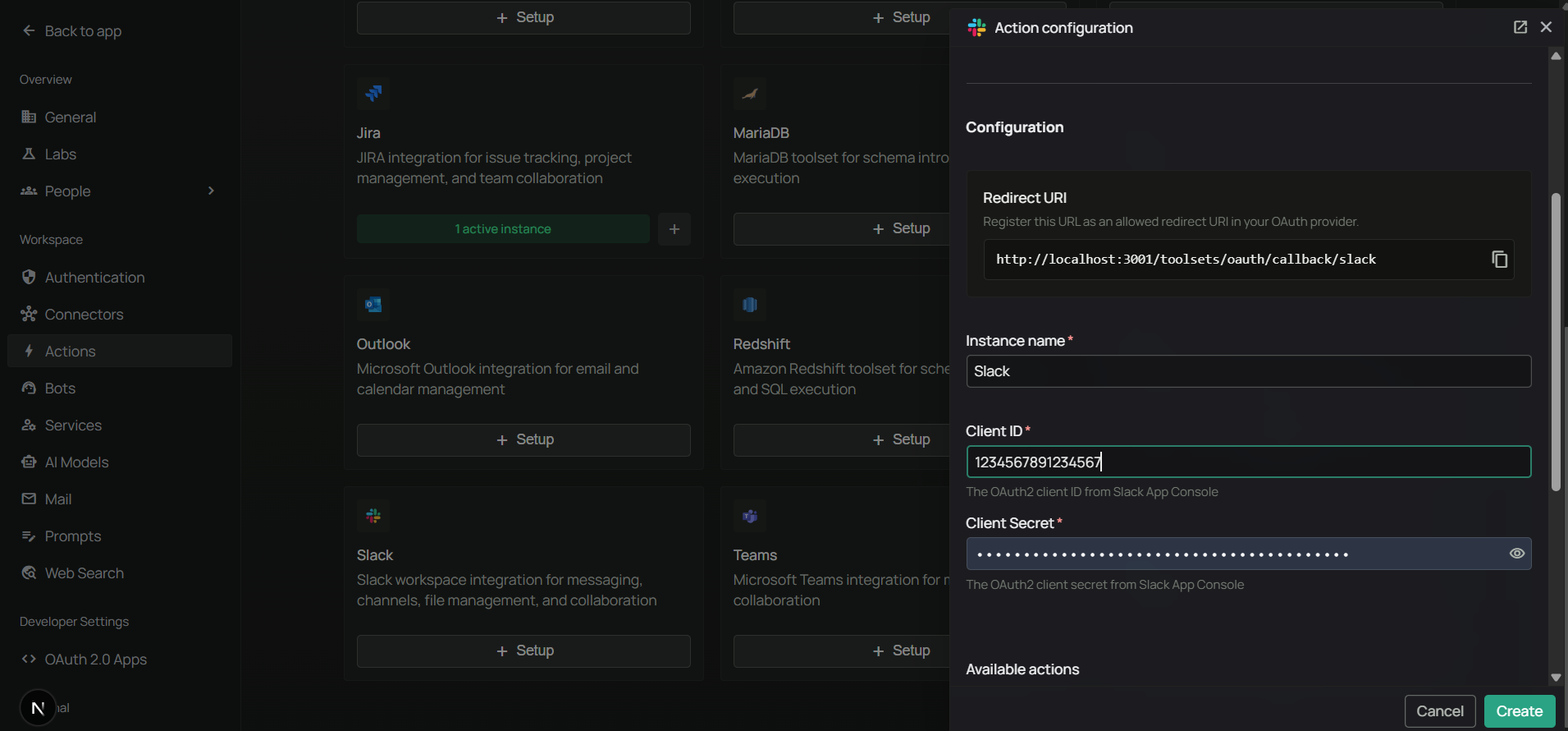 Enter Slack Client ID and Client Secret in PipesHub