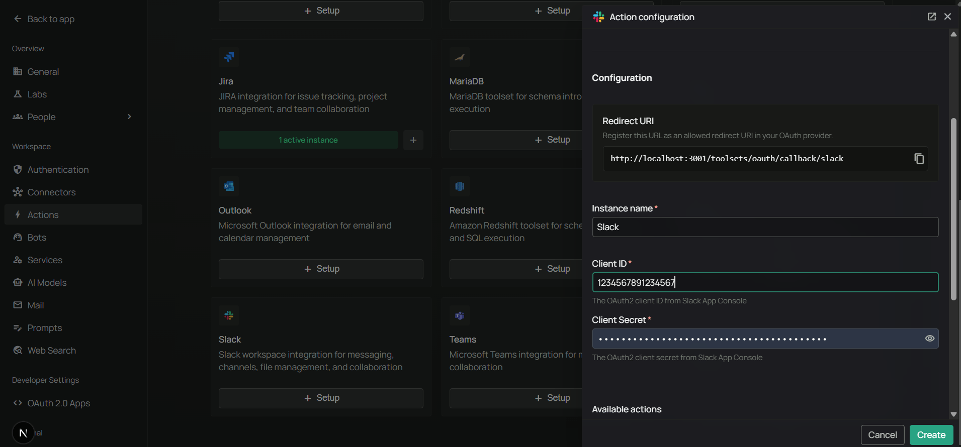 Enter Slack Client ID and Client Secret in PipesHub
