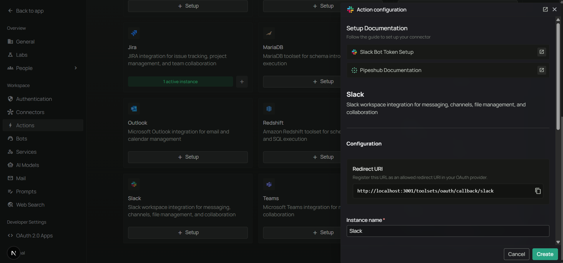 PipesHub Configure Slack toolset — copy the Redirect URI