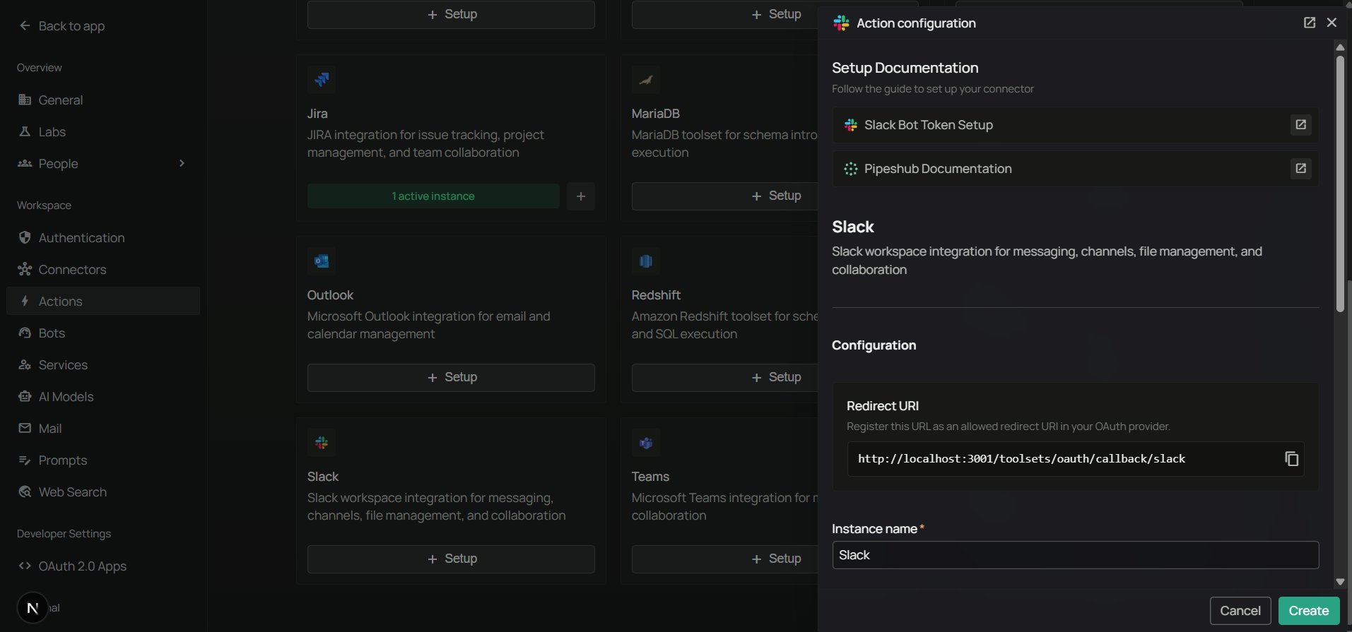 PipesHub Configure Slack toolset — copy the Redirect URI