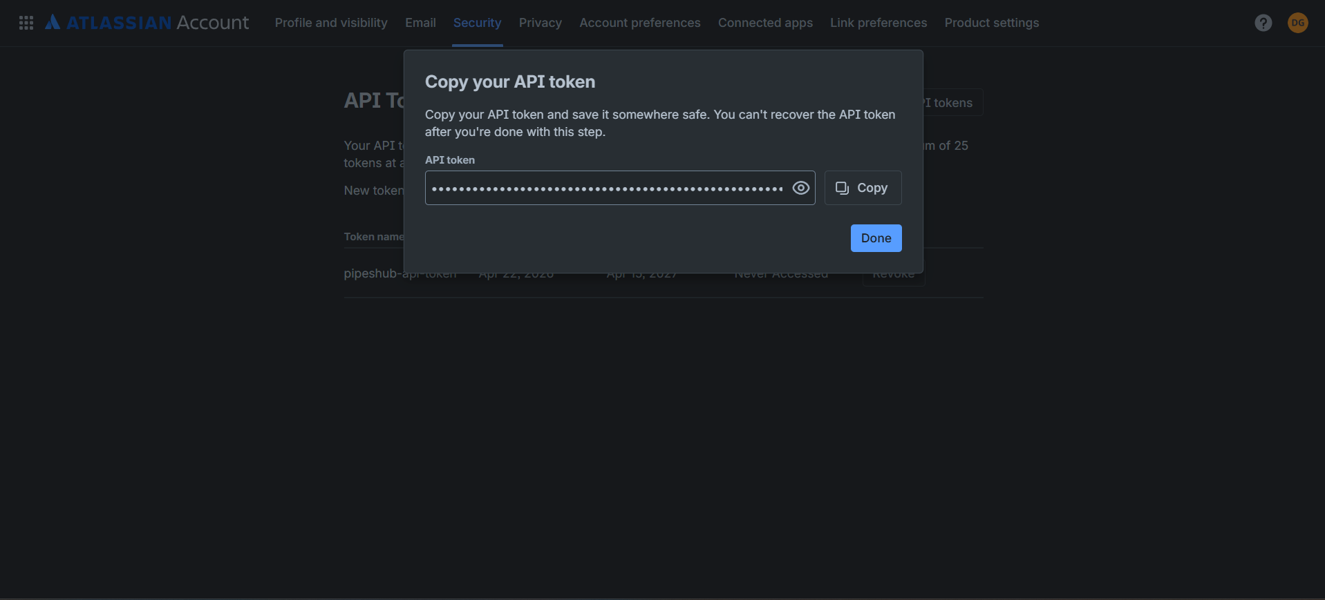 Copy the API token — shown once