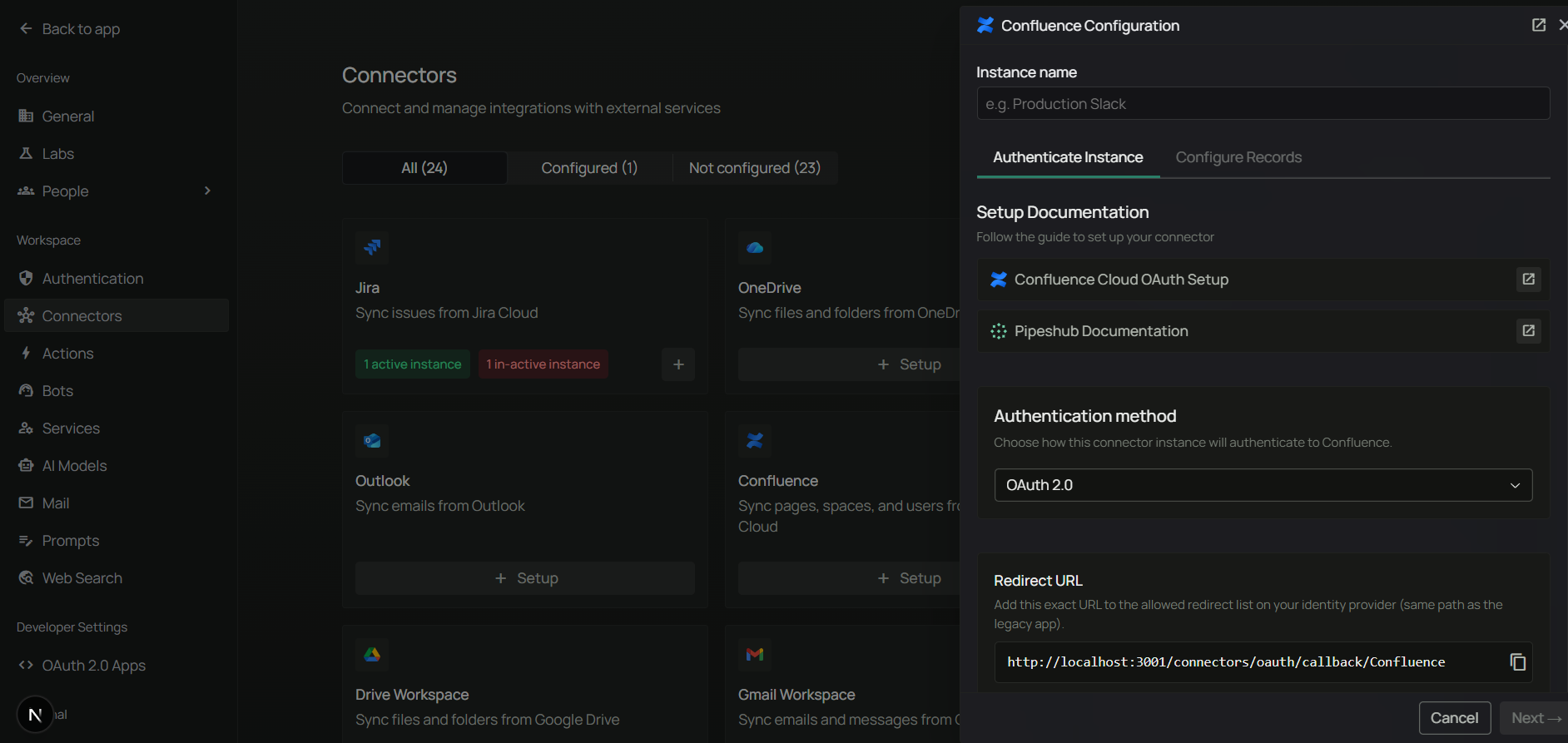 PipesHub Confluence Authenticate Instance tab — copy the Redirect URL