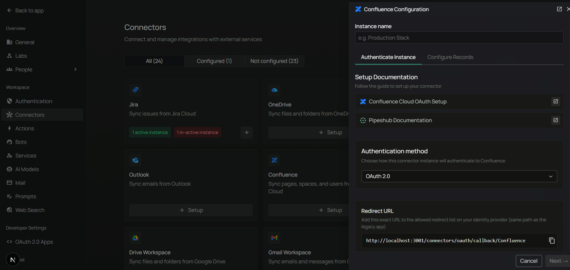 PipesHub Confluence Authenticate Instance tab — copy the Redirect URL