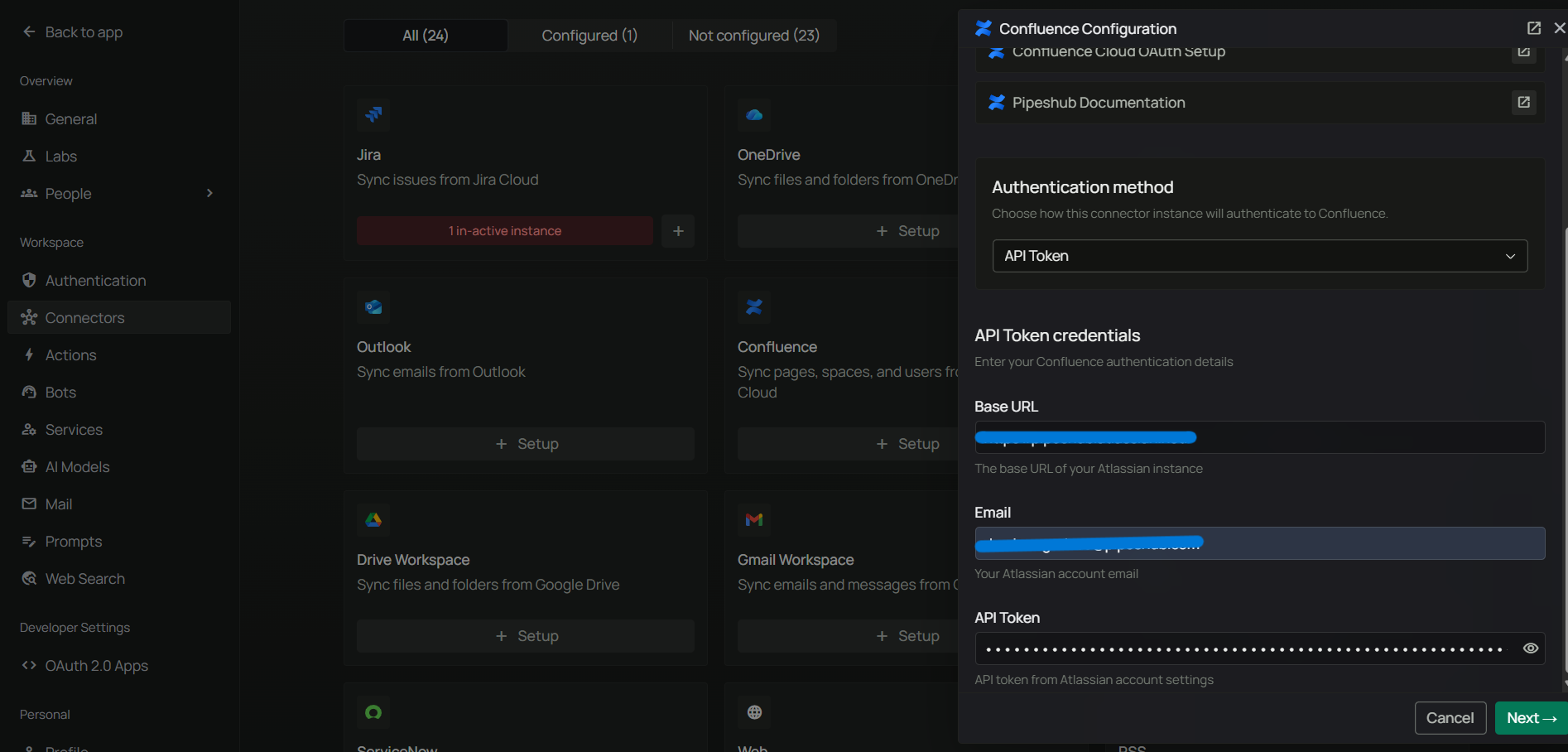 Authenticate Instance tab with API Token method — Base URL, Email, API Token fields
