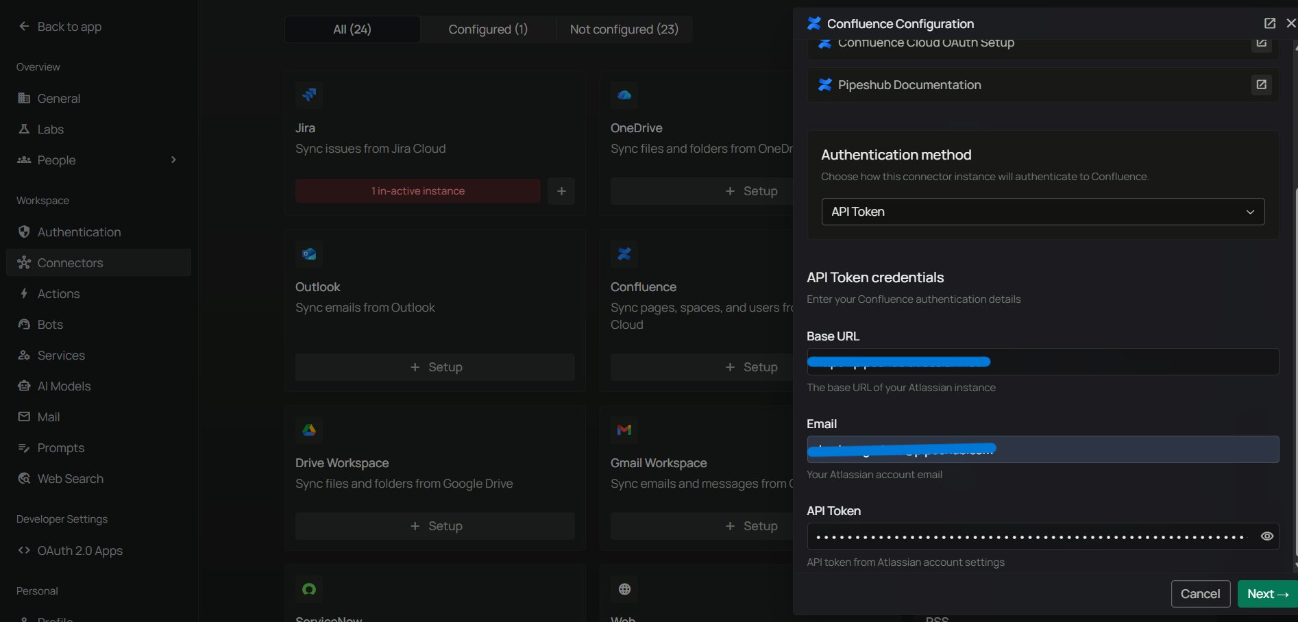 Authenticate Instance tab with API Token method — Base URL, Email, API Token fields
