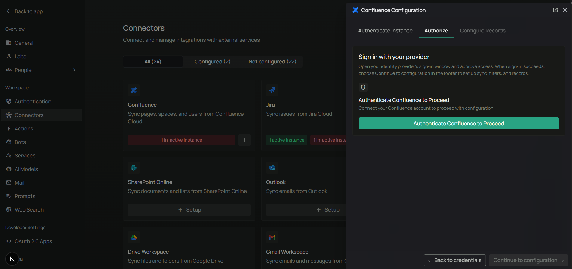 PipesHub Authorize tab with the Authenticate button