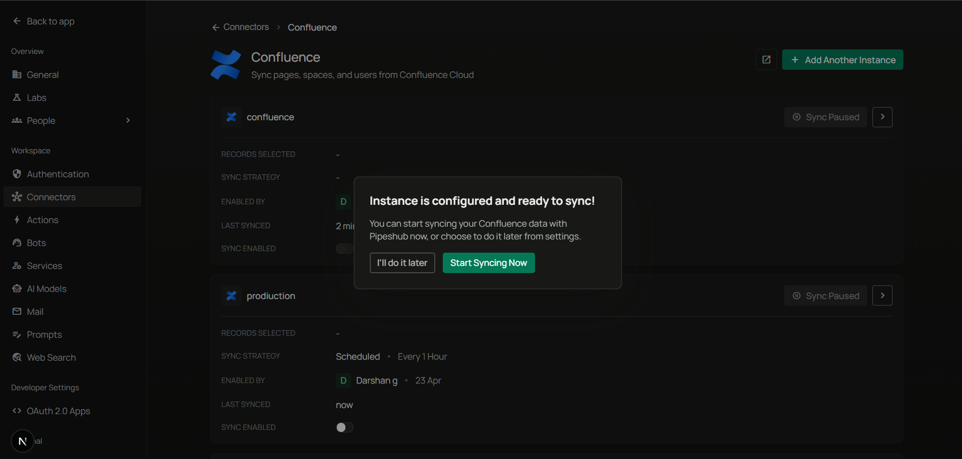 Instance is configured and ready to sync — I'll do it later or Start syncing now