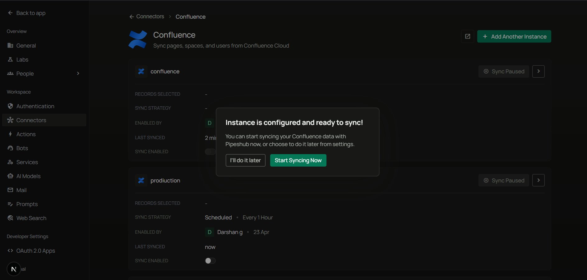 Instance is configured and ready to sync — I'll do it later or Start syncing now