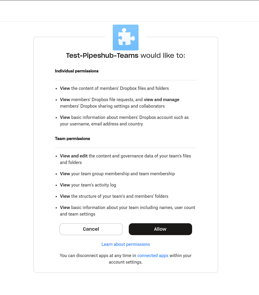 Dropbox consent screen for Dropbox connector