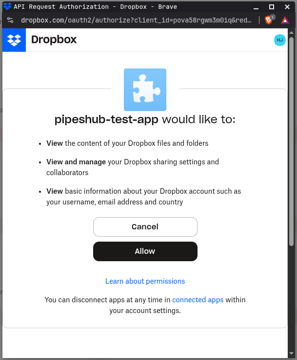 Dropbox consent screen for Dropbox connector