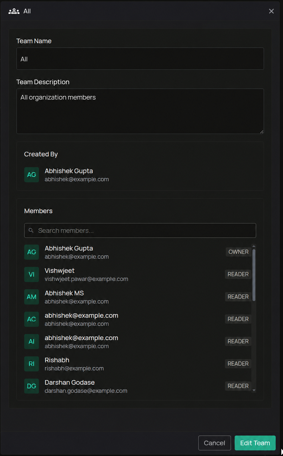 Teamdetails mit Informationen und Mitgliedern
